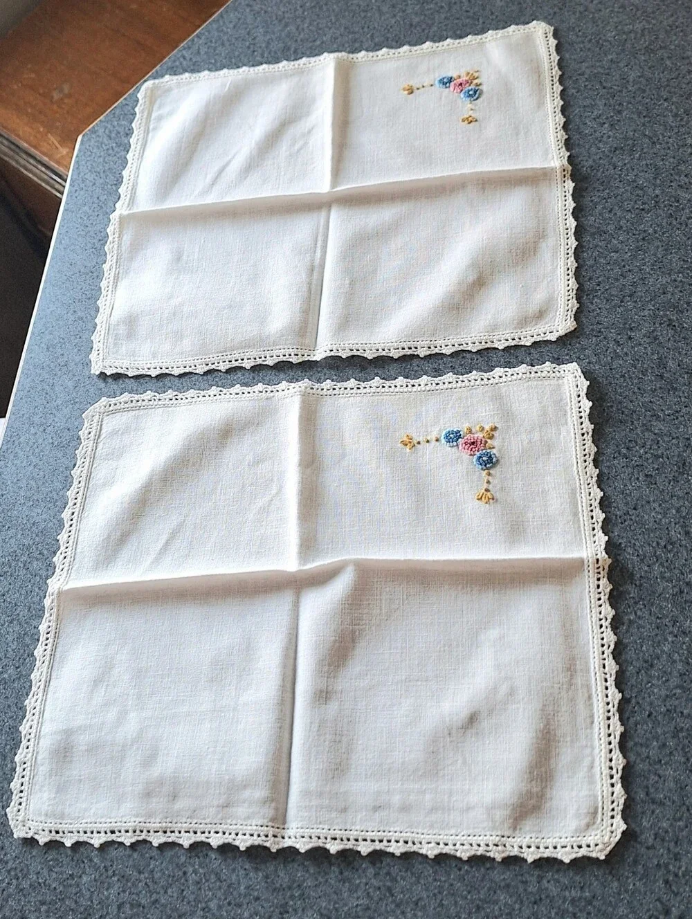 Vintage Handmade Embroidered Floral Napkins With Crochet Edges, Set of 4